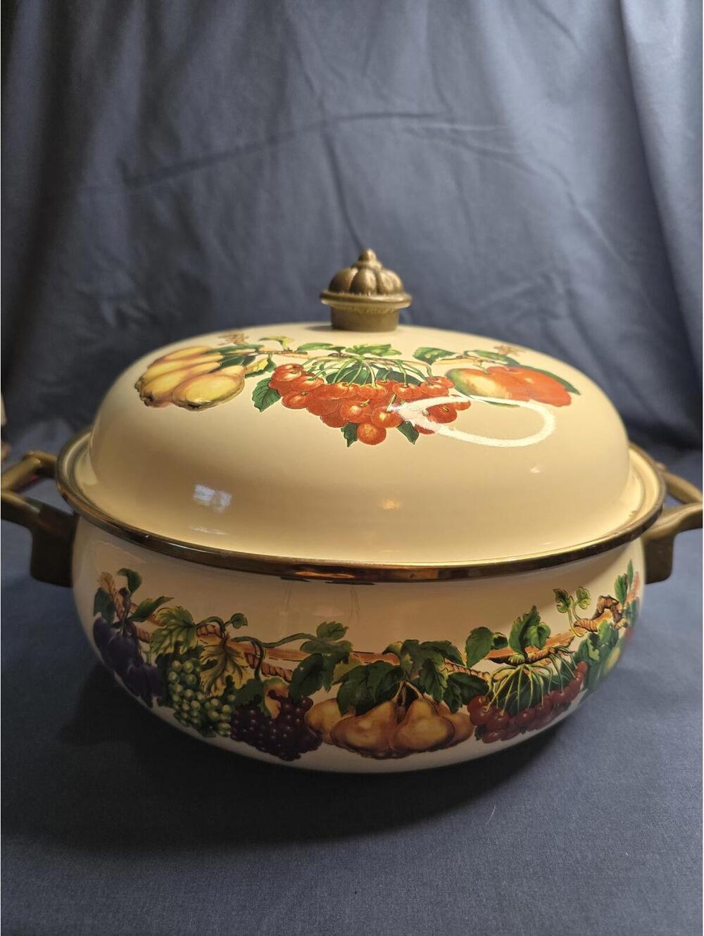 Vintage Porcelain Casserole Brass Handles Villa Grande Tabletops Unlimited Grape